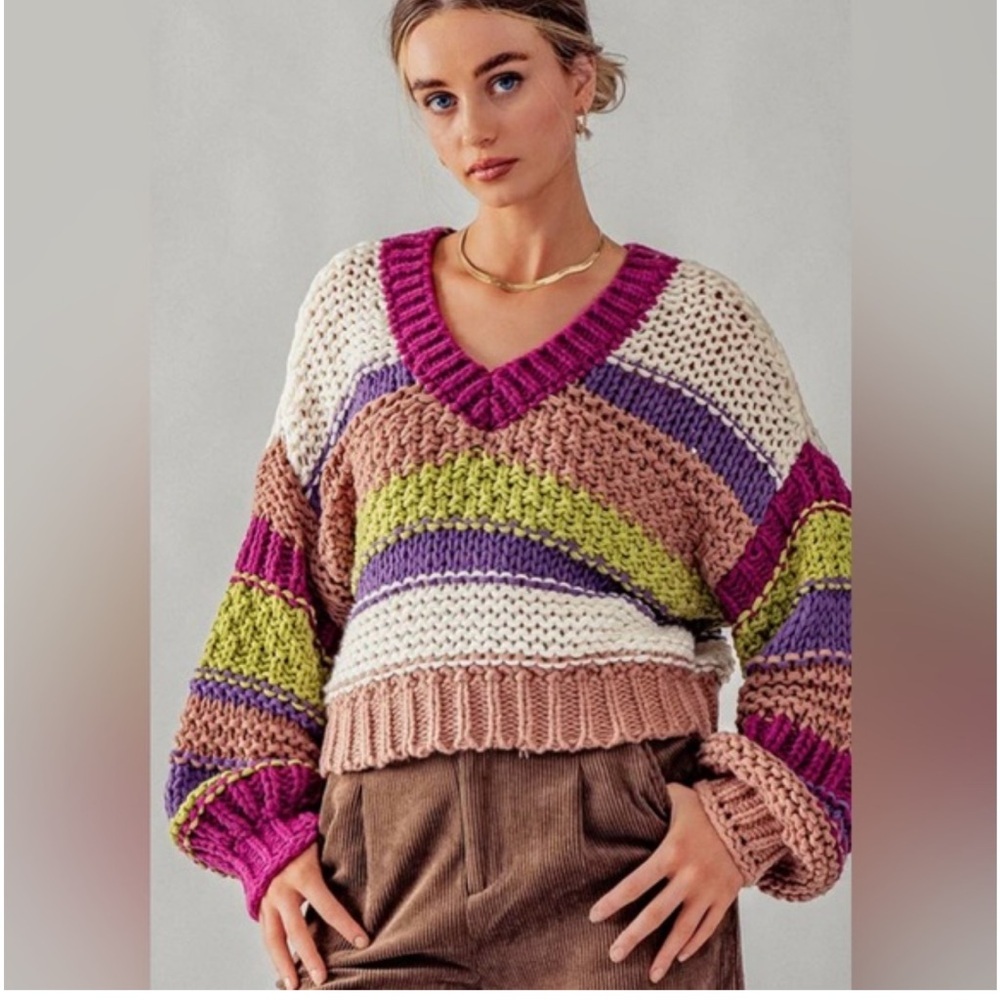 Threaded Leaf chunky Colorful Striped V-Neck Sweater